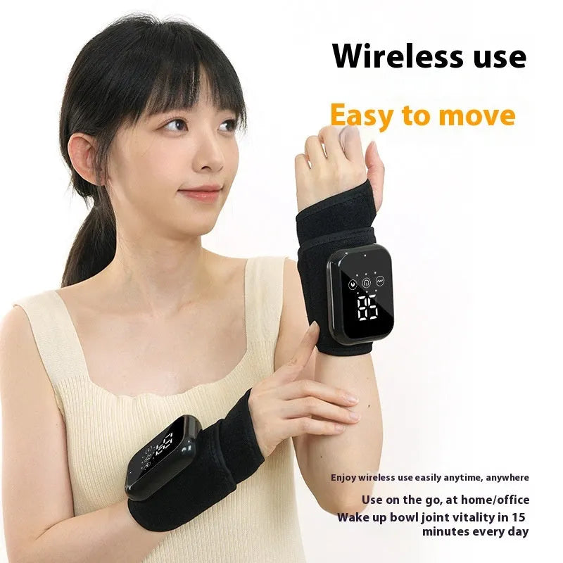 Black electric heating ankle sleeve wrapped around joint showing heating elements