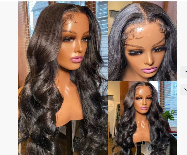 Black synthetic full-head wig with medium-length hair and large, curly waves on a display.