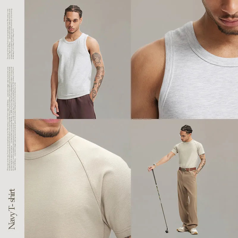 Navy slim fit stretch t-shirt shown in vest and short sleeve styles for men and women.