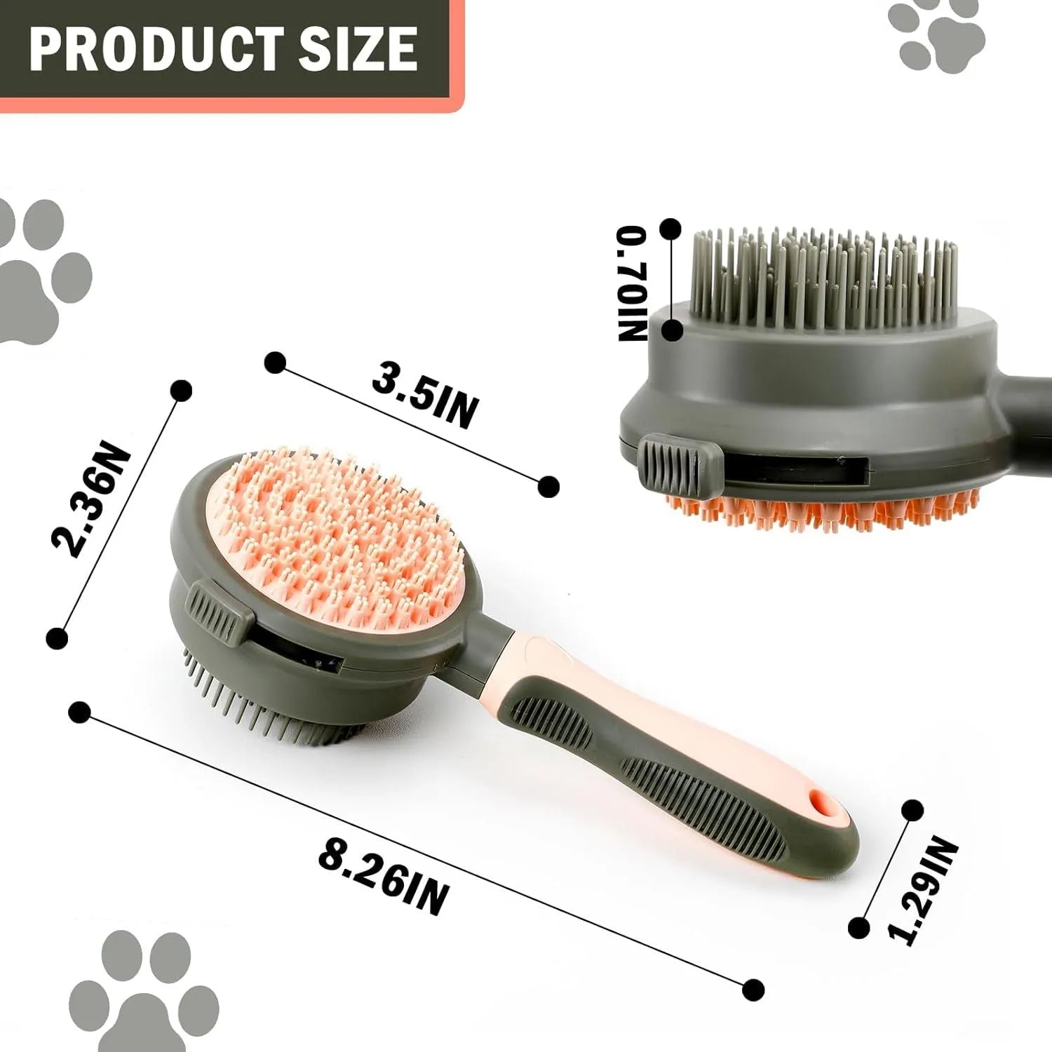 Double-sided pink cat brush with flea comb on reverse side and release button