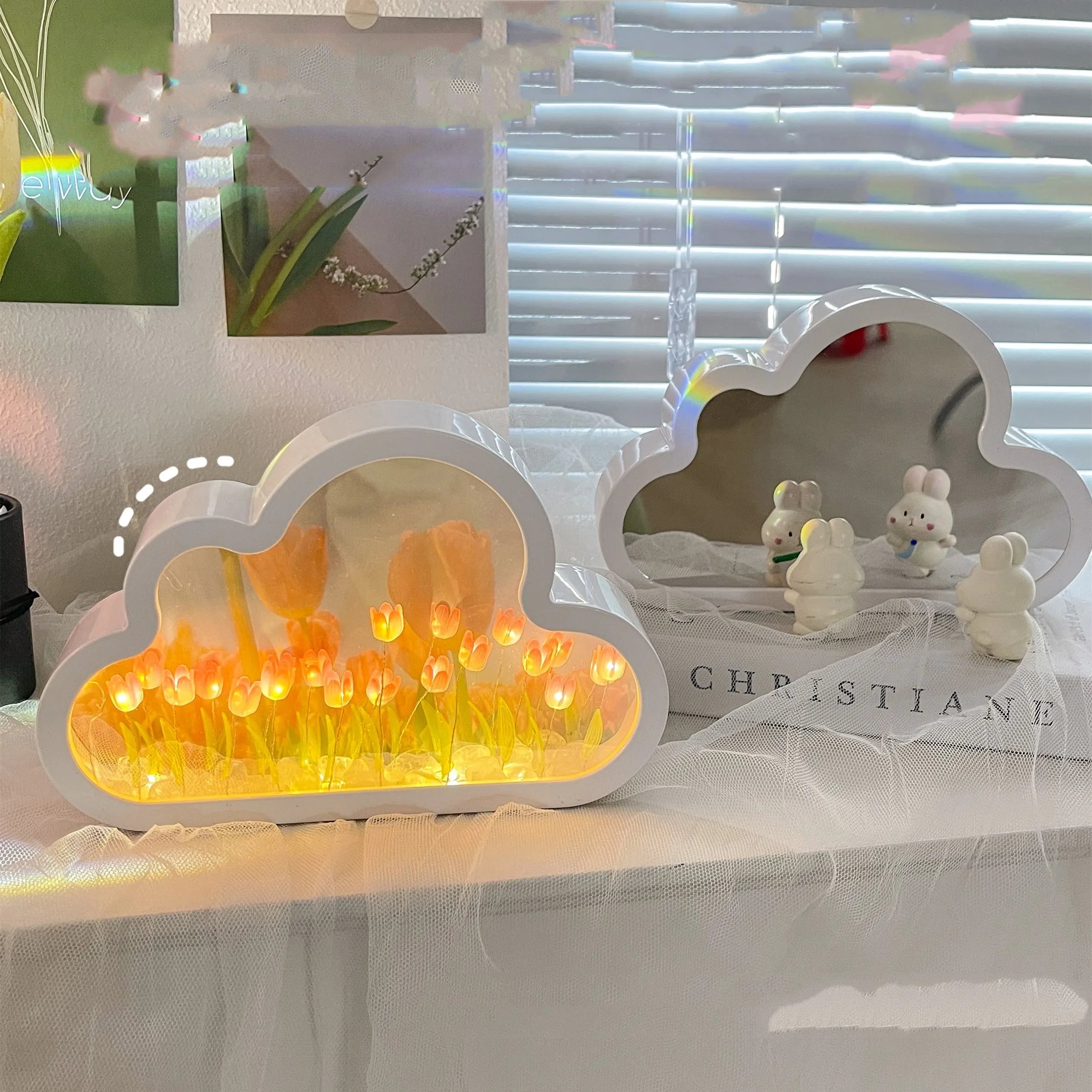 DIY cloud tulip decorative night lamp with LED lights and mirror surface for bedroom or desk