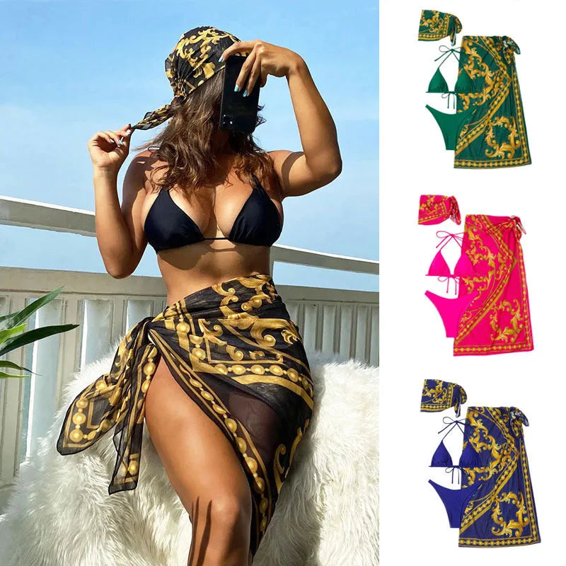 Women's vintage print lace-up bikini swimsuit three-piece set in blue on a mannequin.