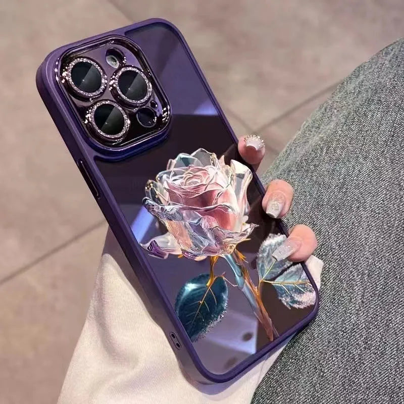 Dark purple TPU iPhone case with fairy rose pattern and integrated sparkling pink camera lens protector film