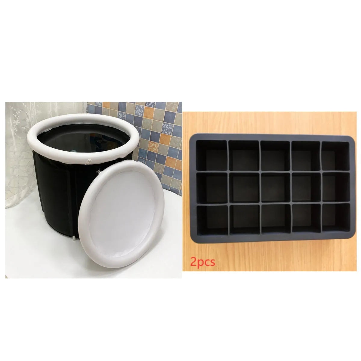 Black inflatable portable ice bath tub with weather lid, shown outdoors.