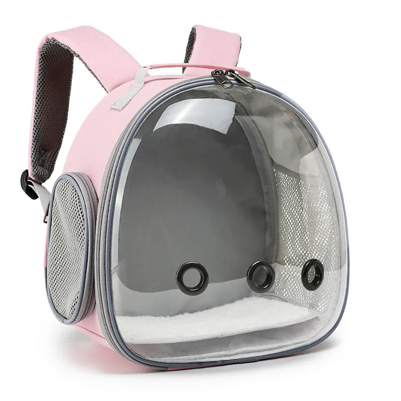 Pet backpack hamster carrier with clear bubble window in black showing side mesh vent