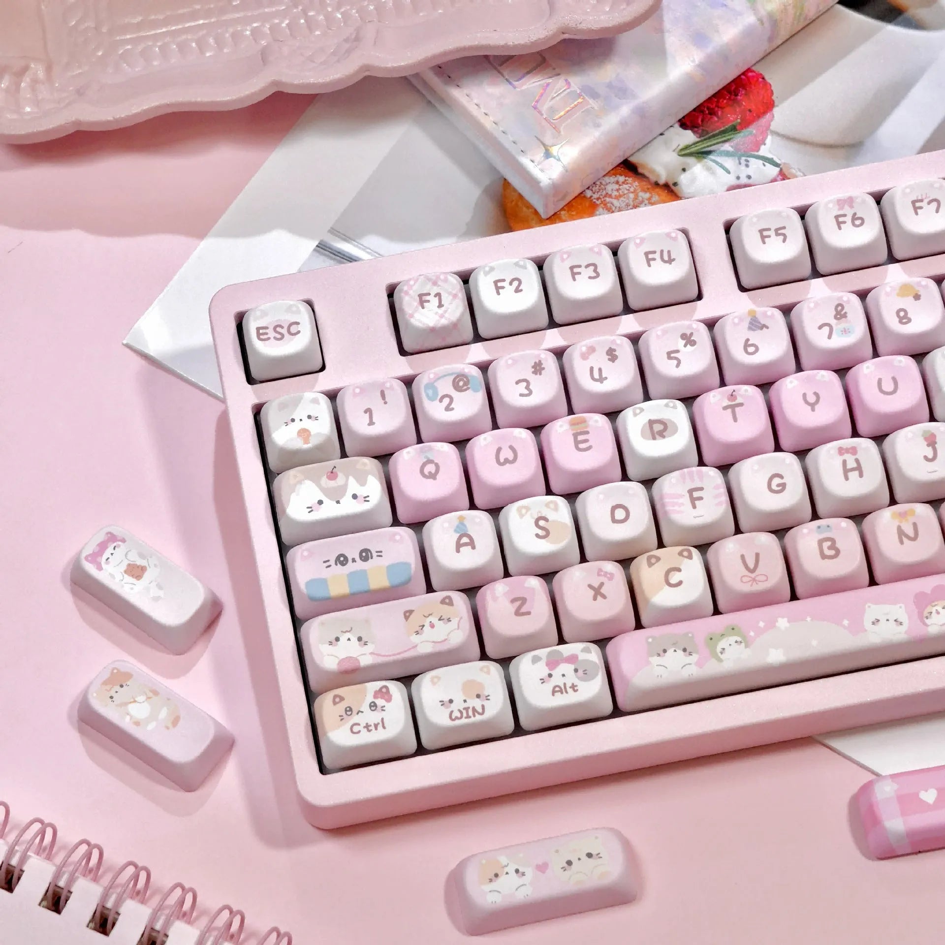 MOA pink plastic keyboard key caps with cartoon graphics on five sides for mechanical keyboards