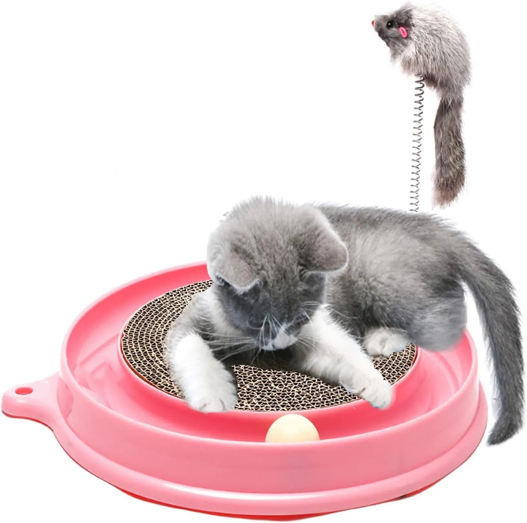 Blue interactive cat scratcher with ball track and replaceable corrugated cardboard scratching pad