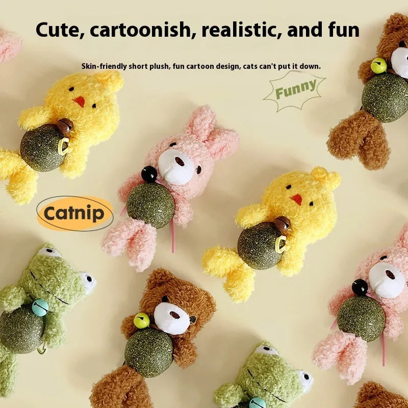 Plush catnip ball toy with bell in animal designs for kitten biting relief