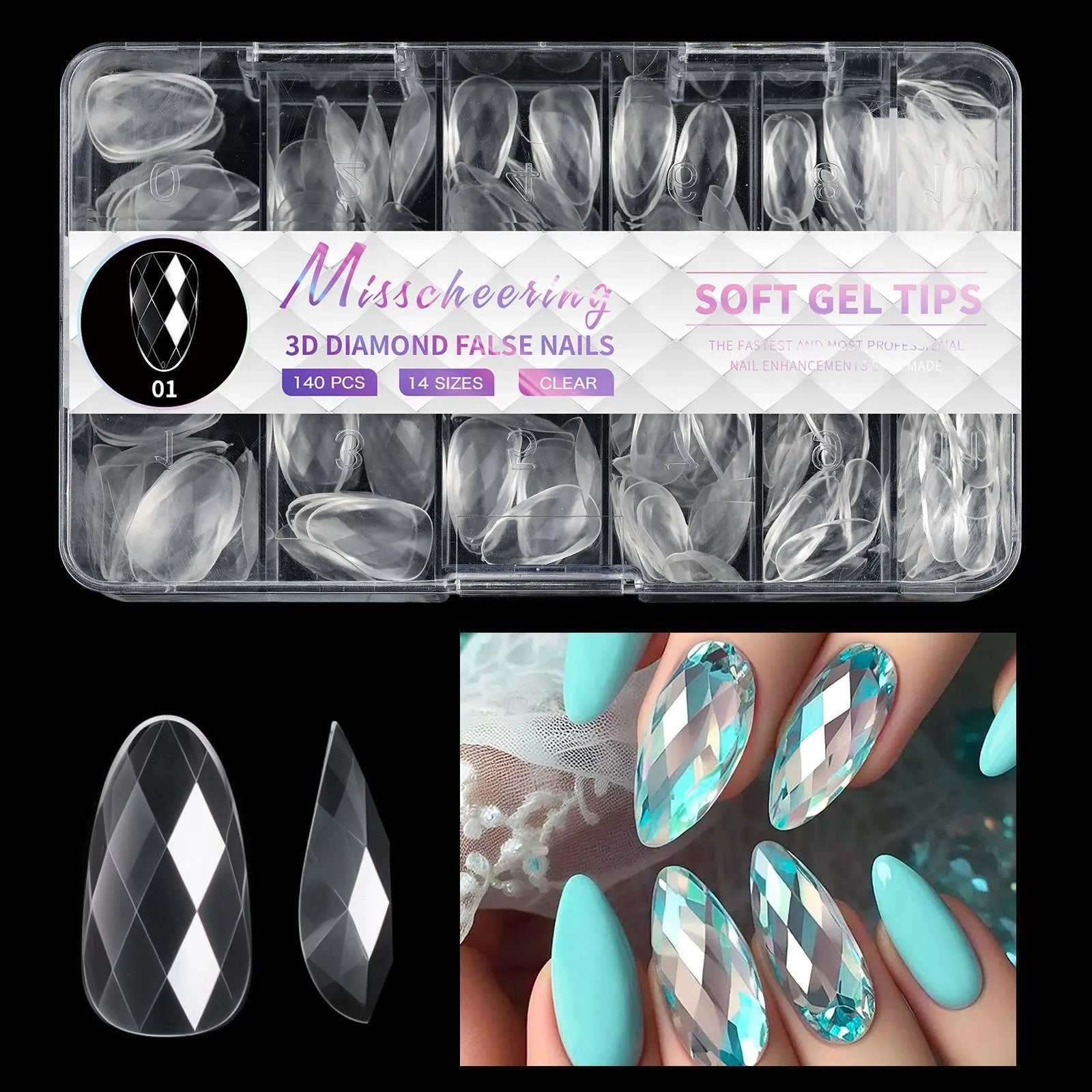 Box of long, shaped false nail tips with glittering diamond texture in various pink and white colours.