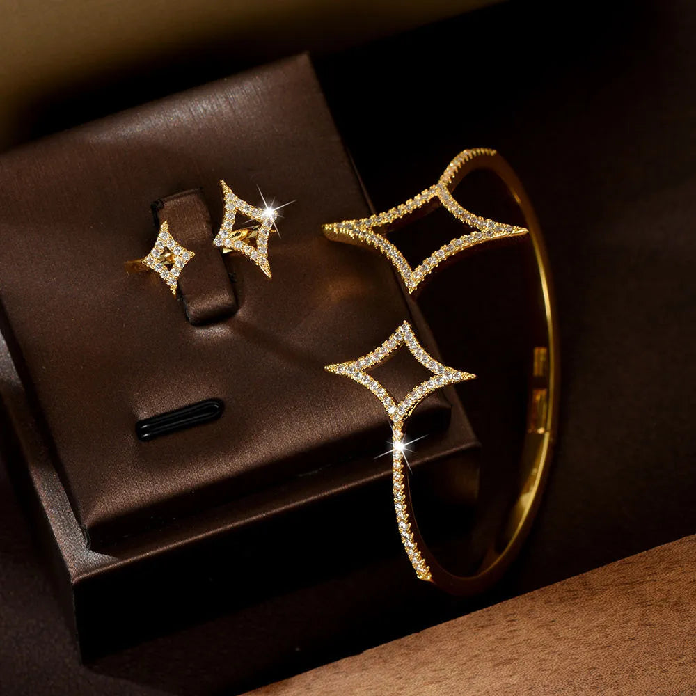 Star shape zirconia bracelet and ring set with copper plated gold and titanium plating