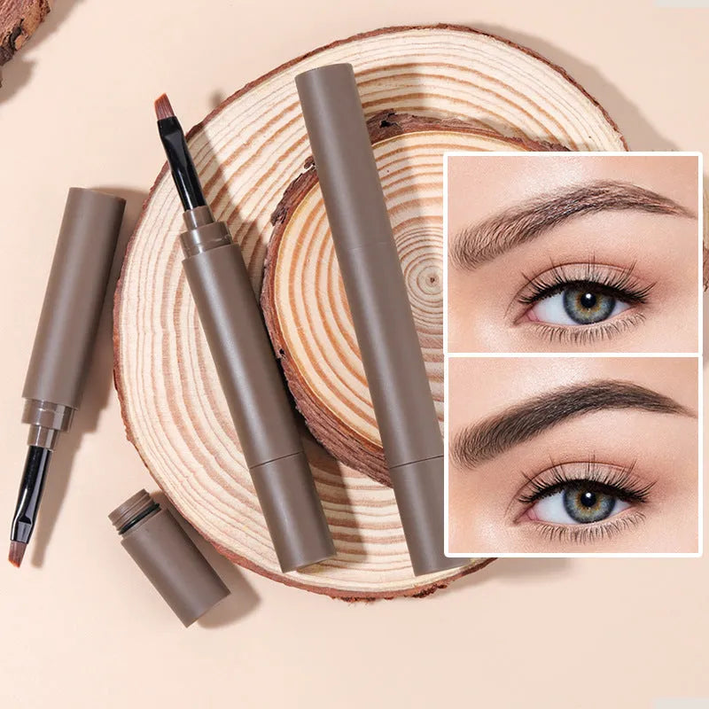 Double-headed eyebrow cream tube with dual applicator shown in five colour shades.