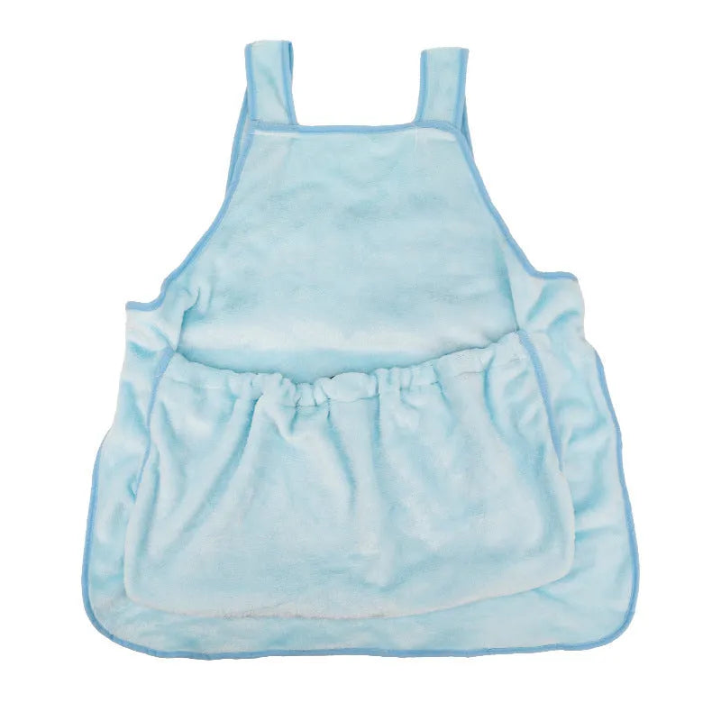 Plush pet carrier apron with adjustable neck strap and sleeping pocket for small cats and dogs