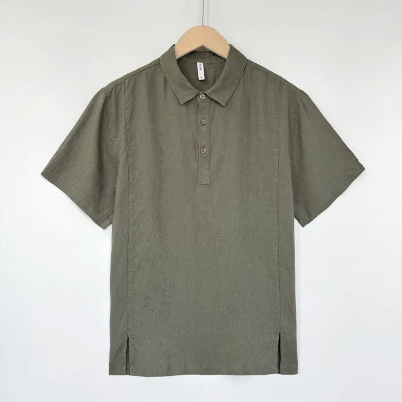 Men's linen summer top with thin lapels and short sleeves in loose-fitting style