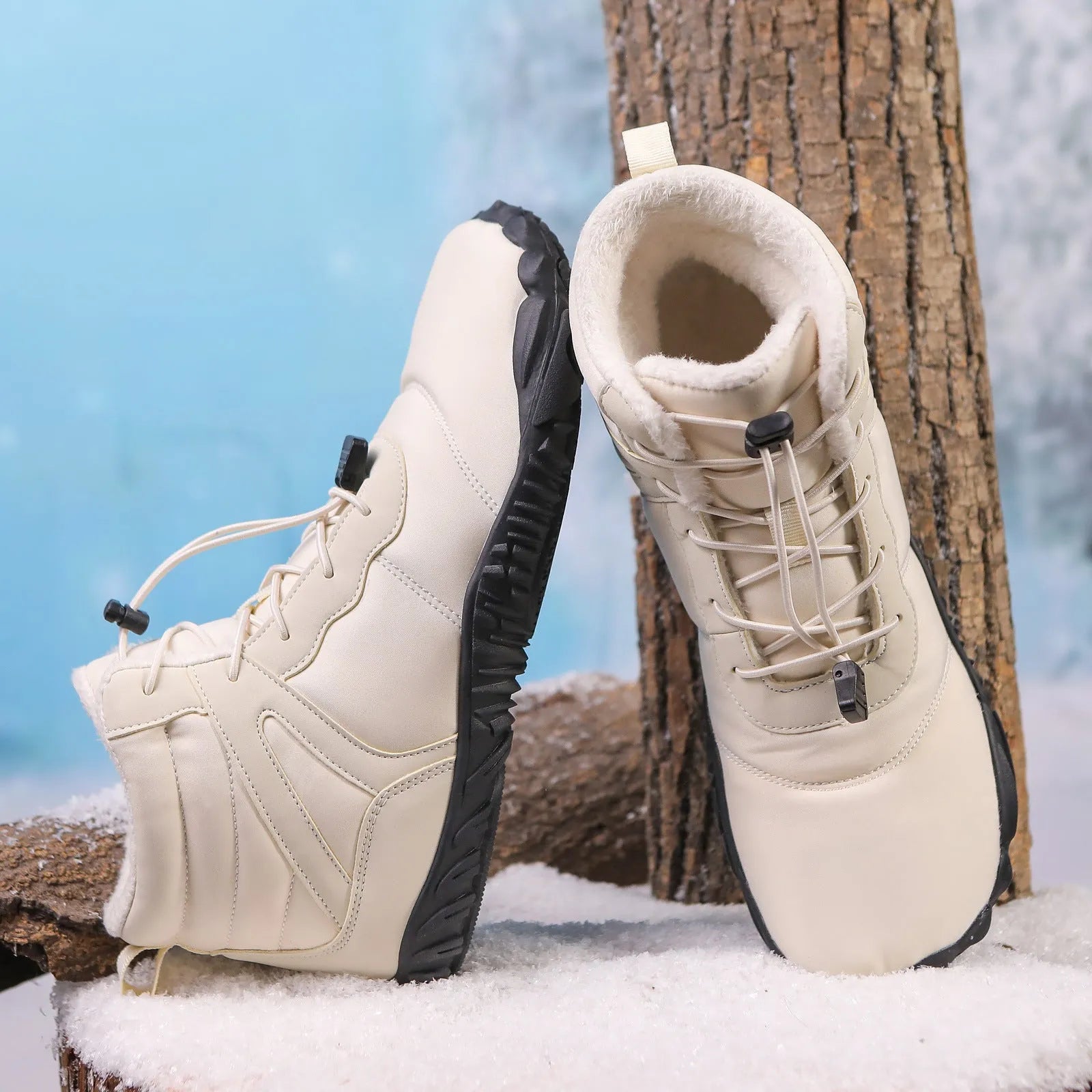 Five-finger waterproof hiking snow boots with fleece lining and rubber outsole in beige, grey, black, or wine red.