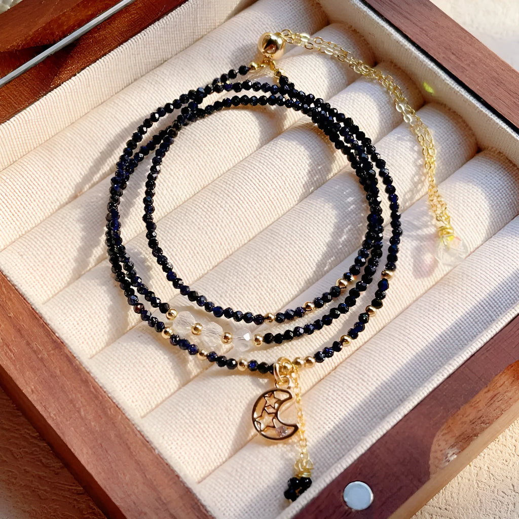 Blue gold sand stone multi-layer women's bracelet with three-ring adjustable design
