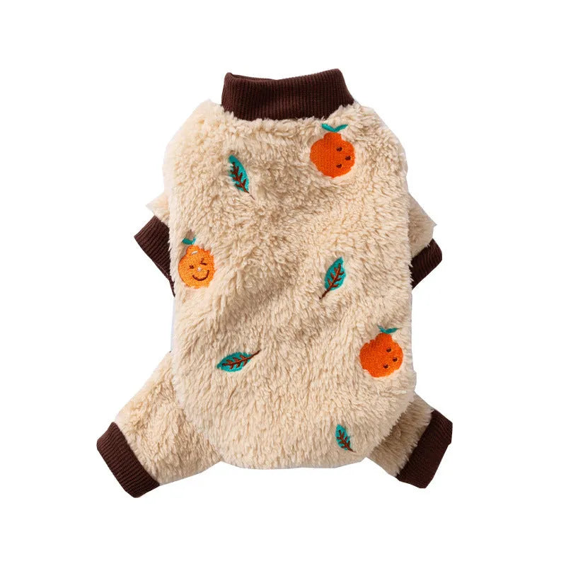 Fleece four-legged pet onesie with fruit embroidery for small medium dogs cats, brown with orange design