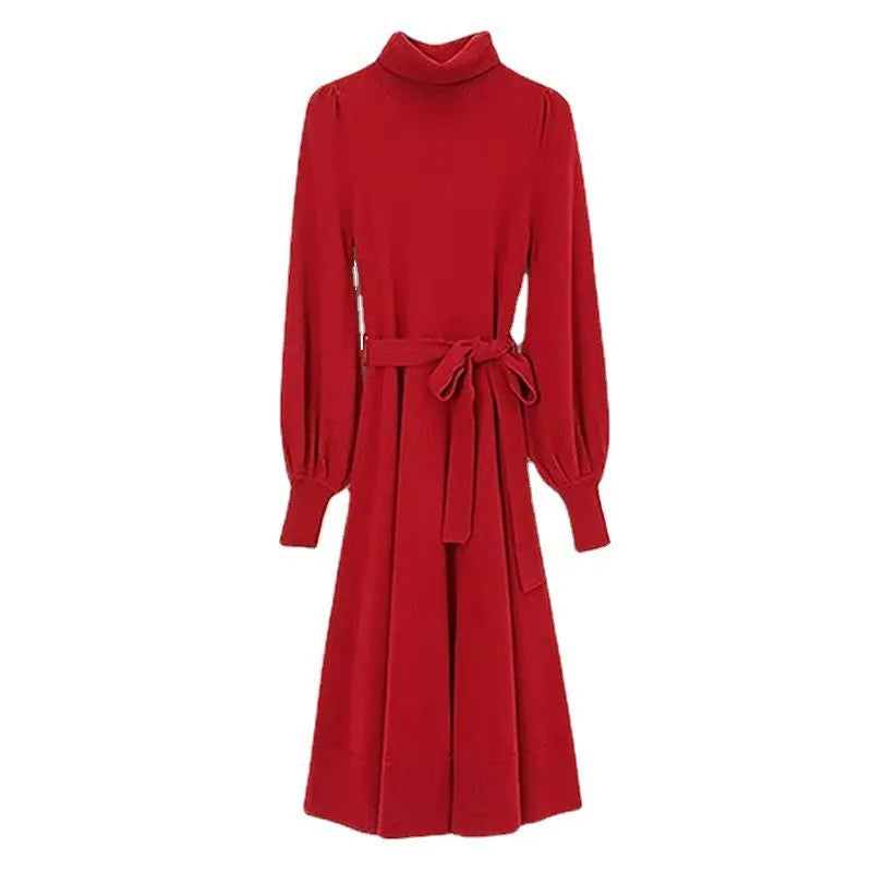 Rose red turtleneck knit dress with long sleeves, elastic waist, and loose mid-length sweater skirt hem.