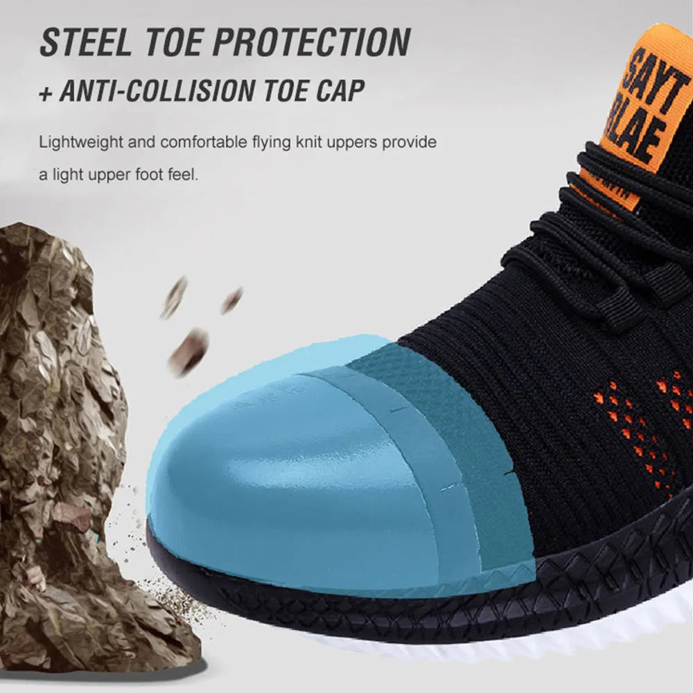 Men's steel toe work safety shoes breathable fly woven mesh low top black orange