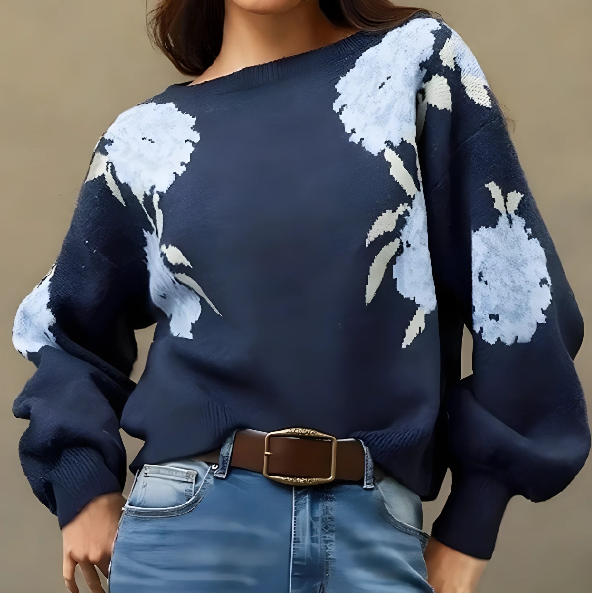 Women's loose casual flower jacquard pullover in sapphire blue with plant pattern