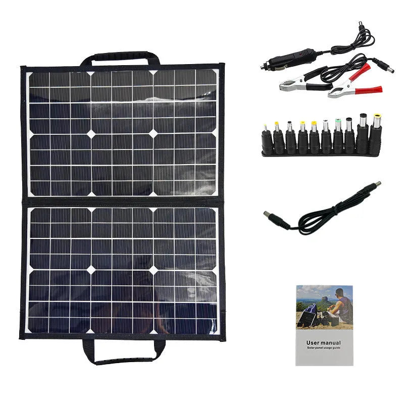 Black 40W single crystal solar panel folded inside its portable carrying bag.