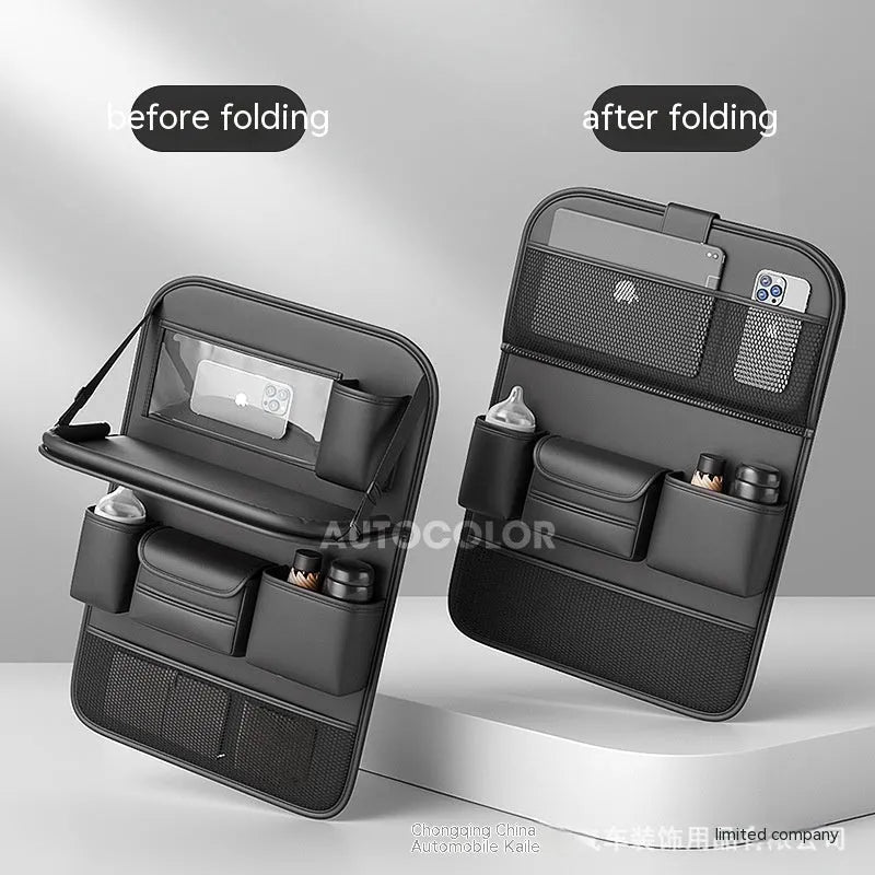 Leather car seat storage bag with carrying handle shown in black, hanging over a car seat.
