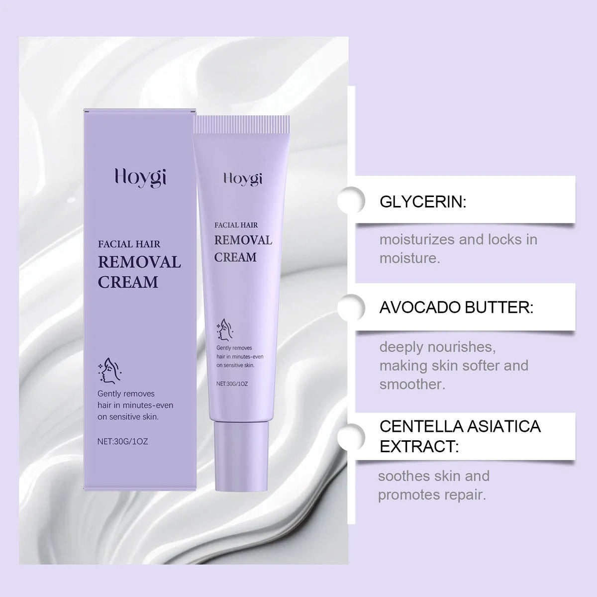 Women's facial hair removal cream 30g tube with shea butter and Centella asiatica extract