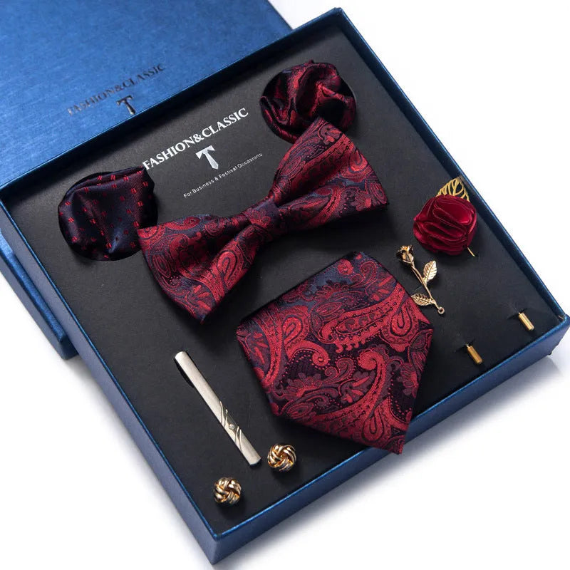 Men's 8-piece rayon jacquard bow tie set, heart shape arrow style, monochrome pattern, 146cm length