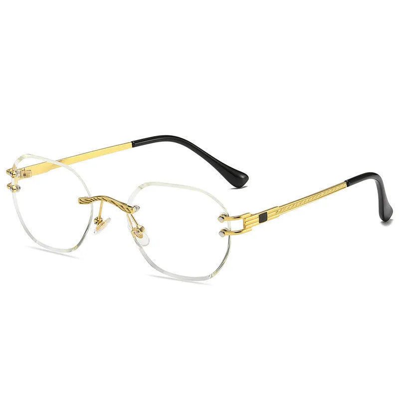 Gold metal frame sunglasses with gradient blue lenses and a box-style design.