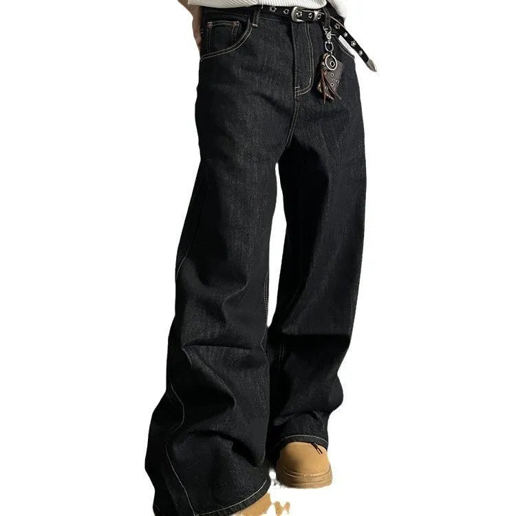 Black straight-leg wide jeans with zip fly and mid-waist design
