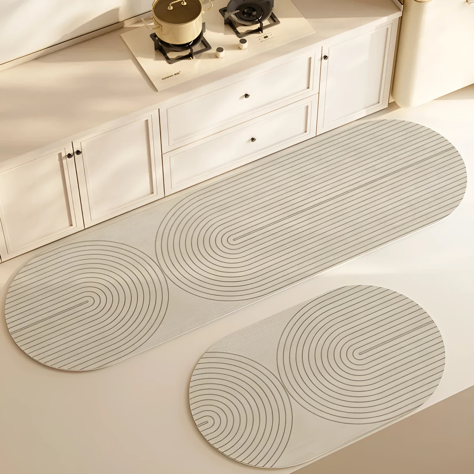 Oval diatom ooze kitchen floor mat with printed stripe pattern, available in multiple sizes and colours