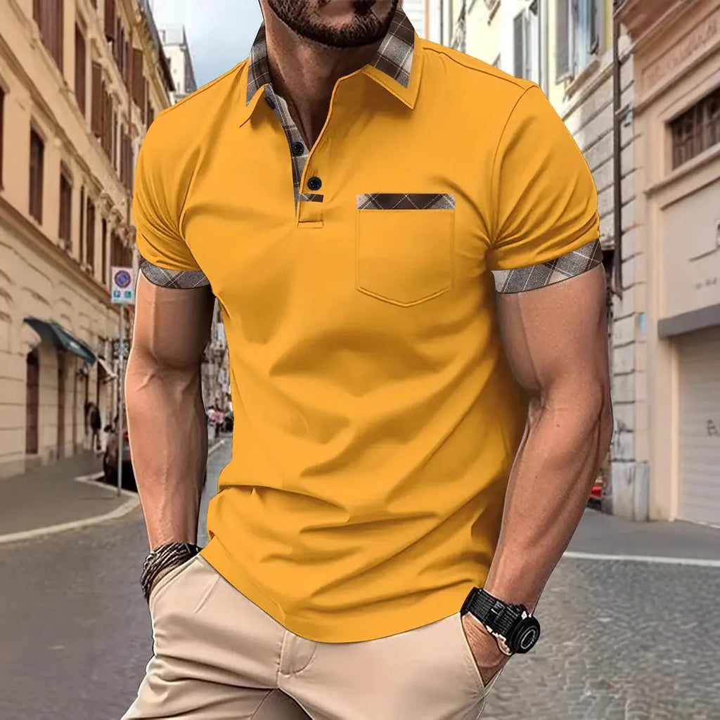Men's plaid colourblock t-shirt with zipper decorations on polyester fabric in multiple colours