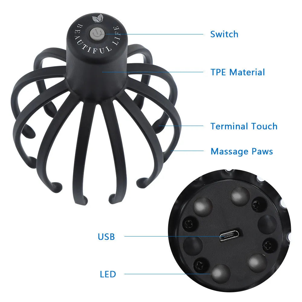 Black electric scalp massager with 12 TPE flexible massage arms and USB charging cable on white background