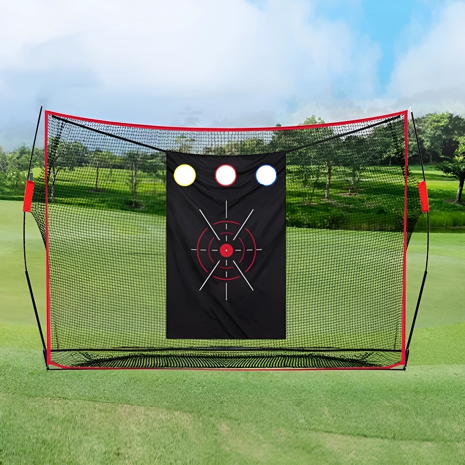 Golf swing wedge training net with straw mat and practice balls set up for chip shot practice