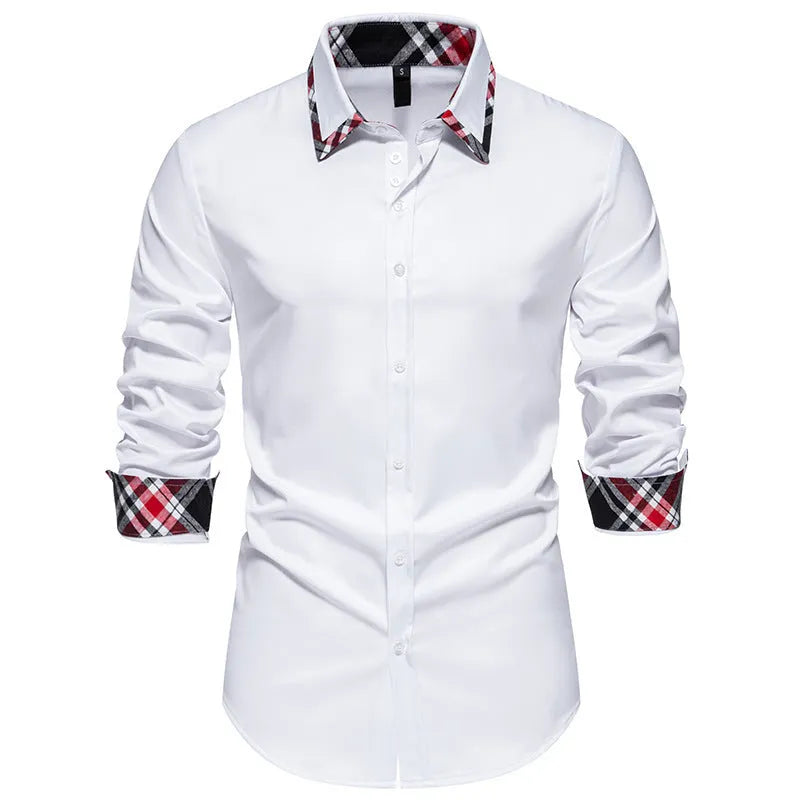 Men's blue plaid long sleeve shirt with a triangle collar and button front.