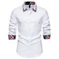 Men's blue plaid long sleeve shirt with a triangle collar and button front.