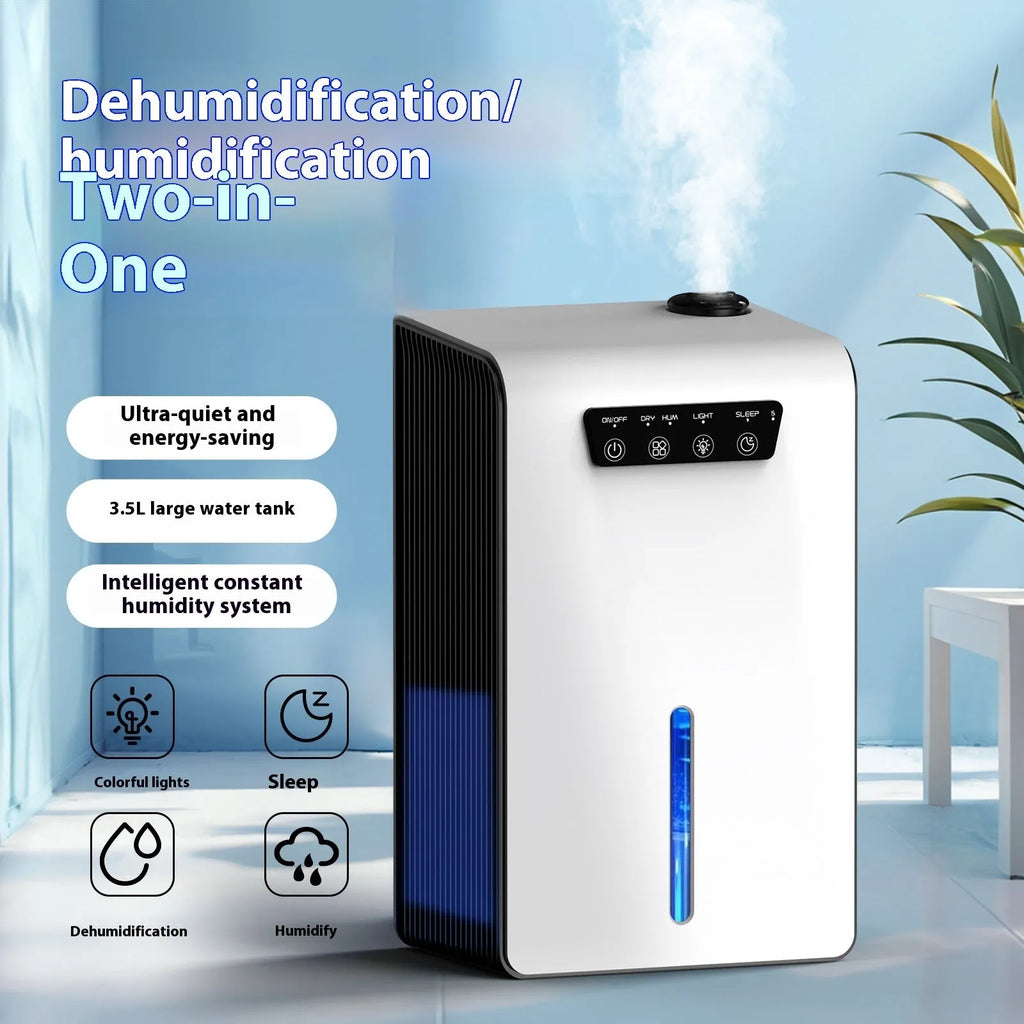 Milky white small bedroom dehumidifier with absorption technology and water reservoir.
