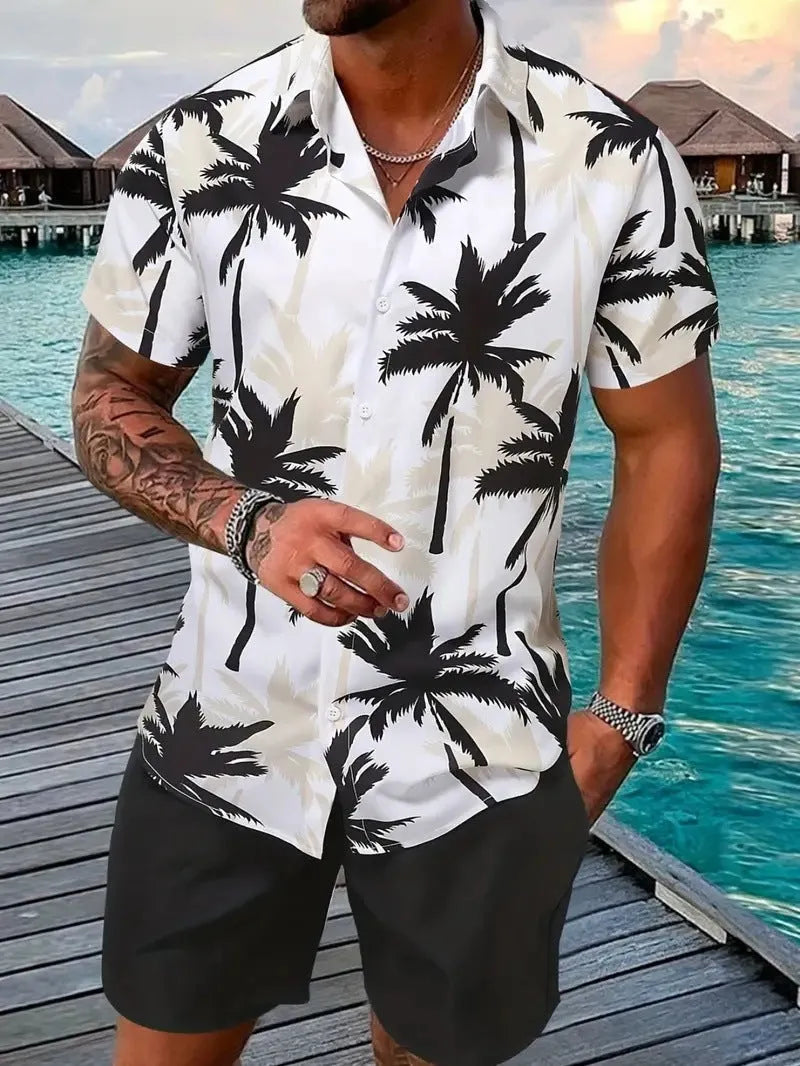 Men's 3D printed Hawaiian style short sleeve shirt and shorts set in polyester fabric.