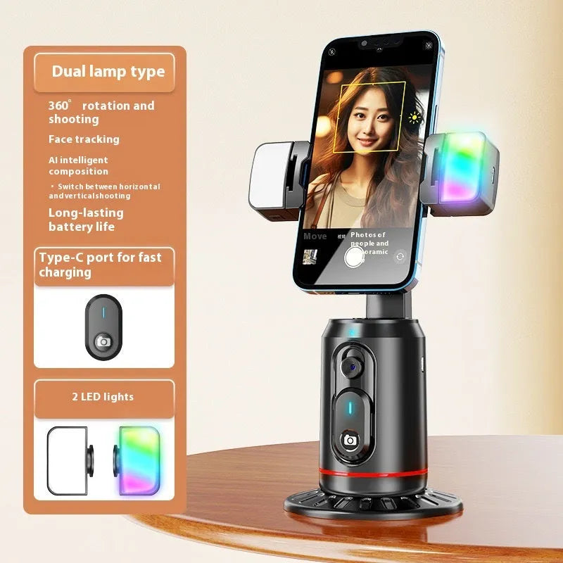 Smart AI face recognition selfie holder with Bluetooth remote on a desk, showing 360-degree rotation feature