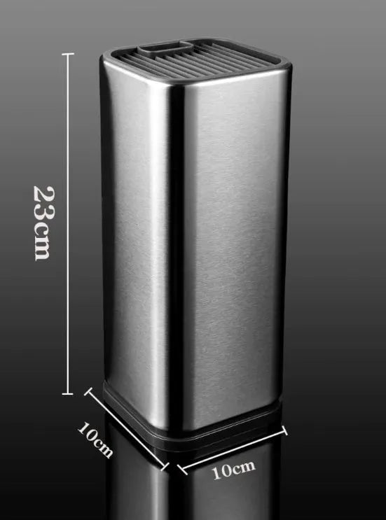 Stainless steel kitchen knife holder with storage bucket in black colour showing detachable drainage base