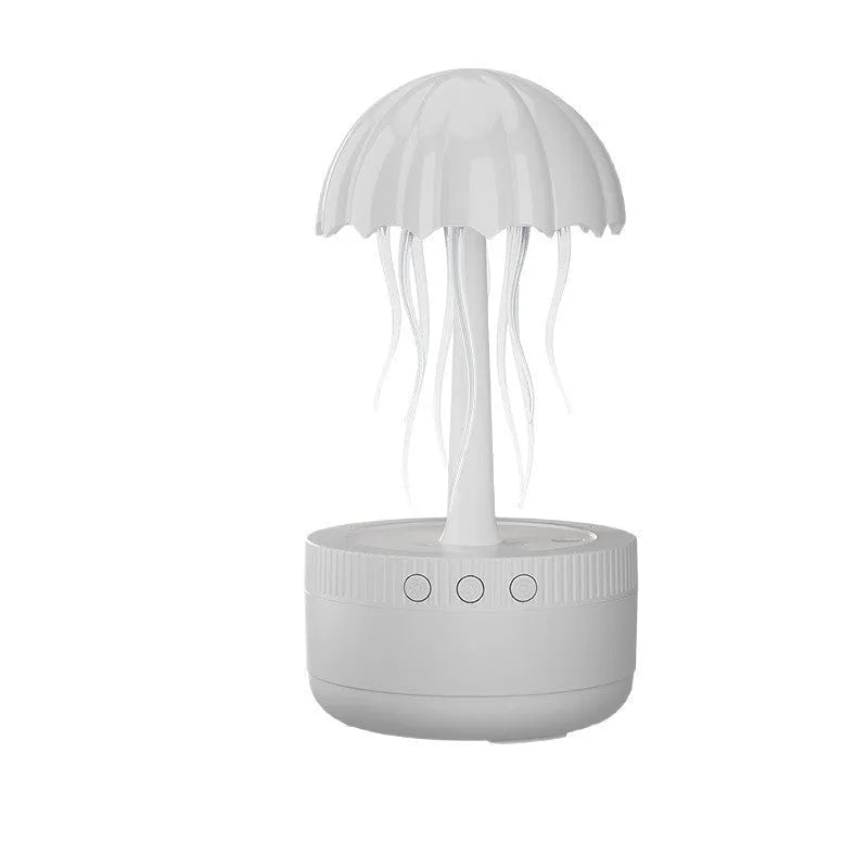 White round plastic USB humidifier with rotating colourful light, single fog outlet, and 0.5-1L water tank