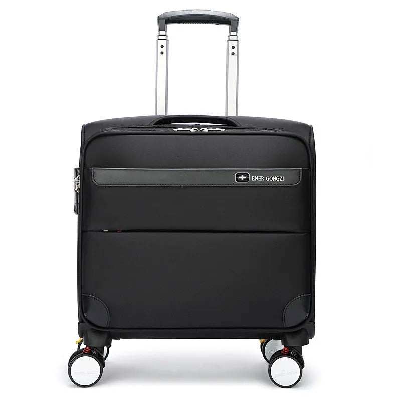 18-inch black Oxford cloth business travel suitcase with pull handle and universal wheels