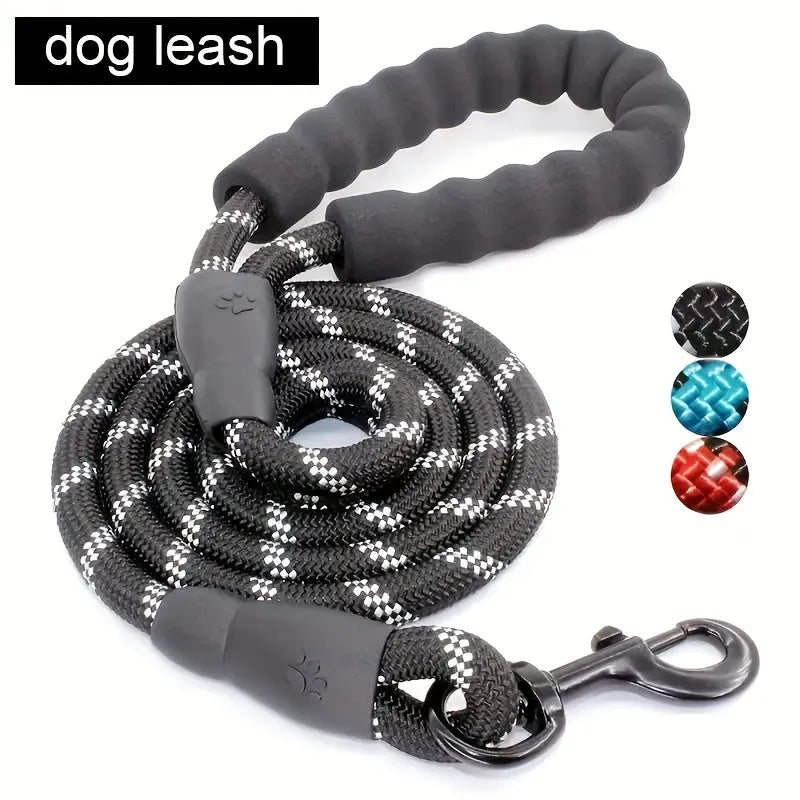 Black reflective dog leash with padded handle and adjustable waist rope for jogging