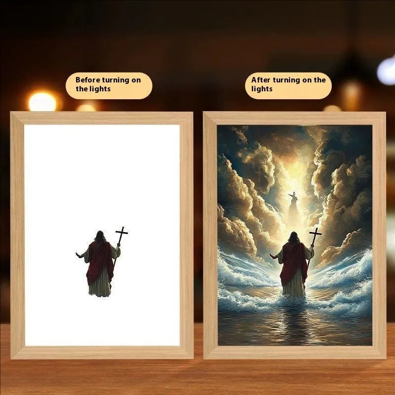 Handmade rectangular LED light painting photo frame showing a spiritual cross design, with USB cable.
