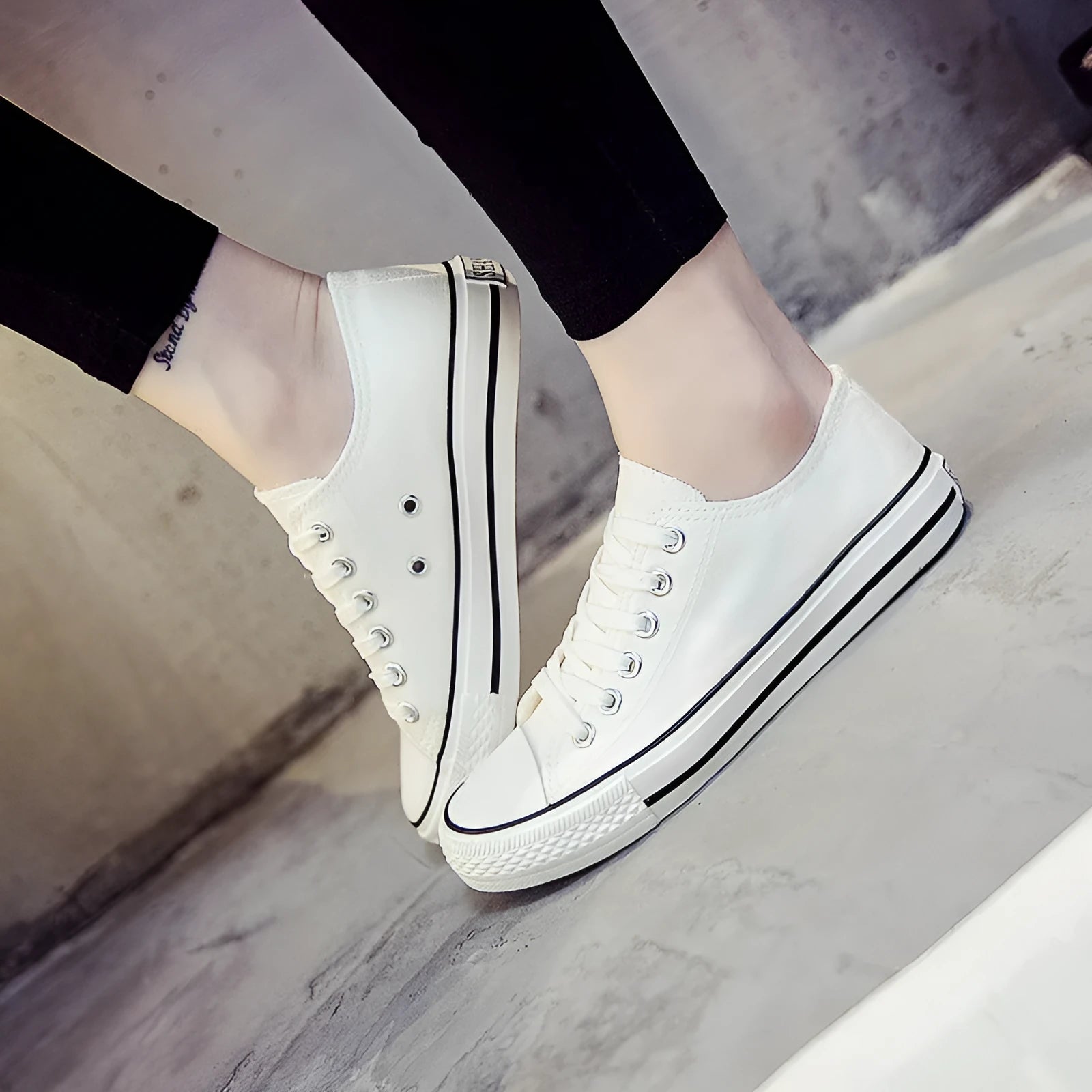 Women's solid colour canvas casual shoes shown in black, white black, white red, and all black options.