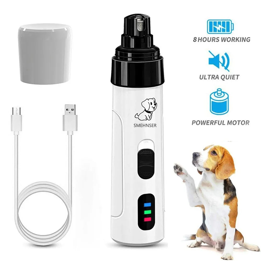 Electric dog nail grinder with automatic piercing head, LED display, and handheld design on a white background.