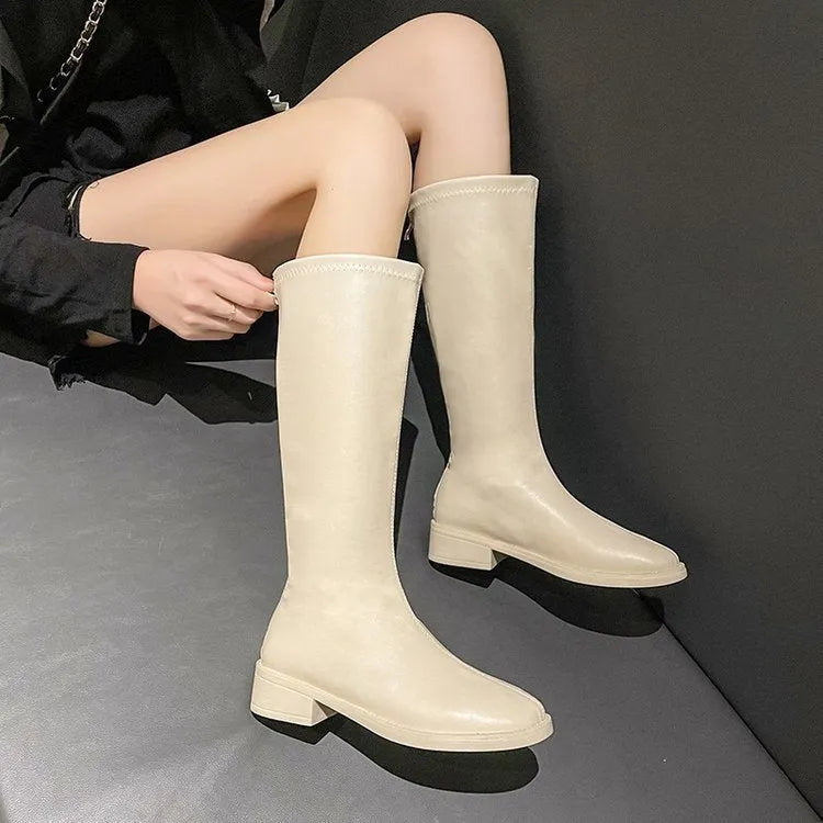 Korean style pure colour all-matching knight boots in black, high cylinder, square toe, back zipper, metal detail