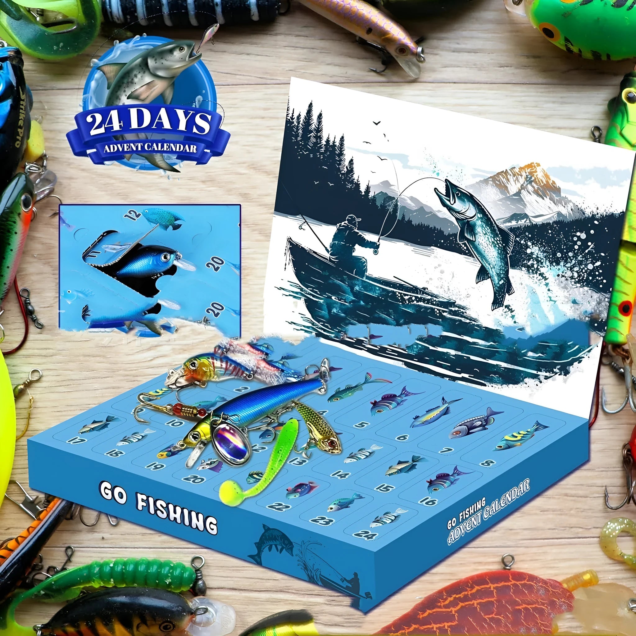 Christmas Advent Calendar Fishing Gear Set in 14x9x1.5 inch box with holiday packaging