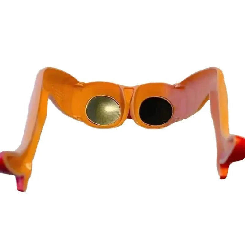 Orange plastic novelty sunglasses with leg hip style arms and a large wide frame.
