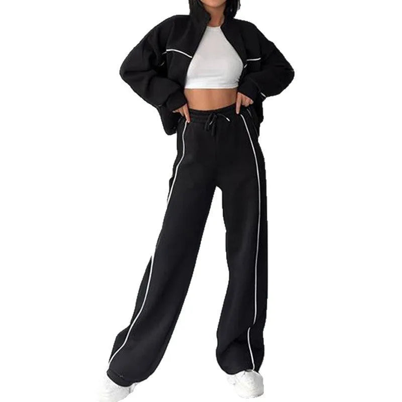 Two-piece striped casual suit with zip-front hoodie and matching trousers in various colours