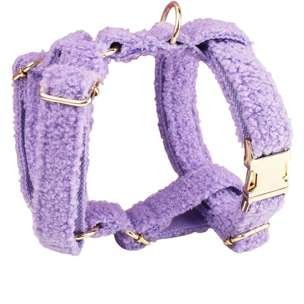 Purple cloth dog collar, leash, bow, and vest set for small dogs